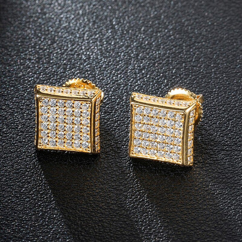 14k Gold 925 Silver Hip Hop Full AAA Micro Paved Squared Corner Bling Earrings