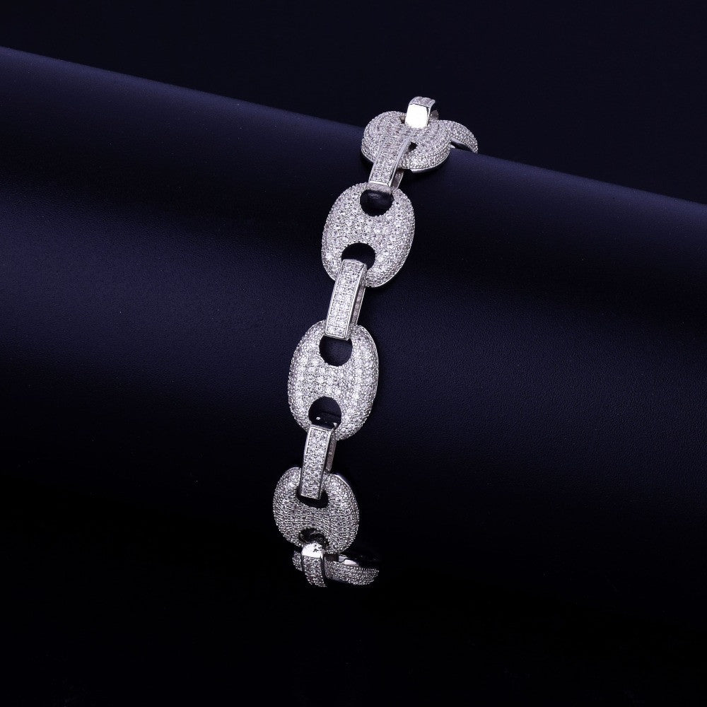 Mens Iced Out 12MM 24k Gold 925 Silver G Link Hip Hop Bracelet