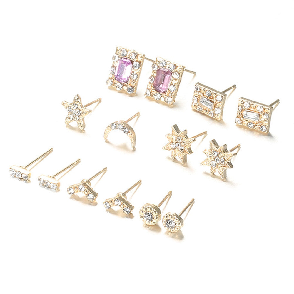 Ladies 14 Piece Fashion Gold Sun Moon Crystal Stud Earring Set