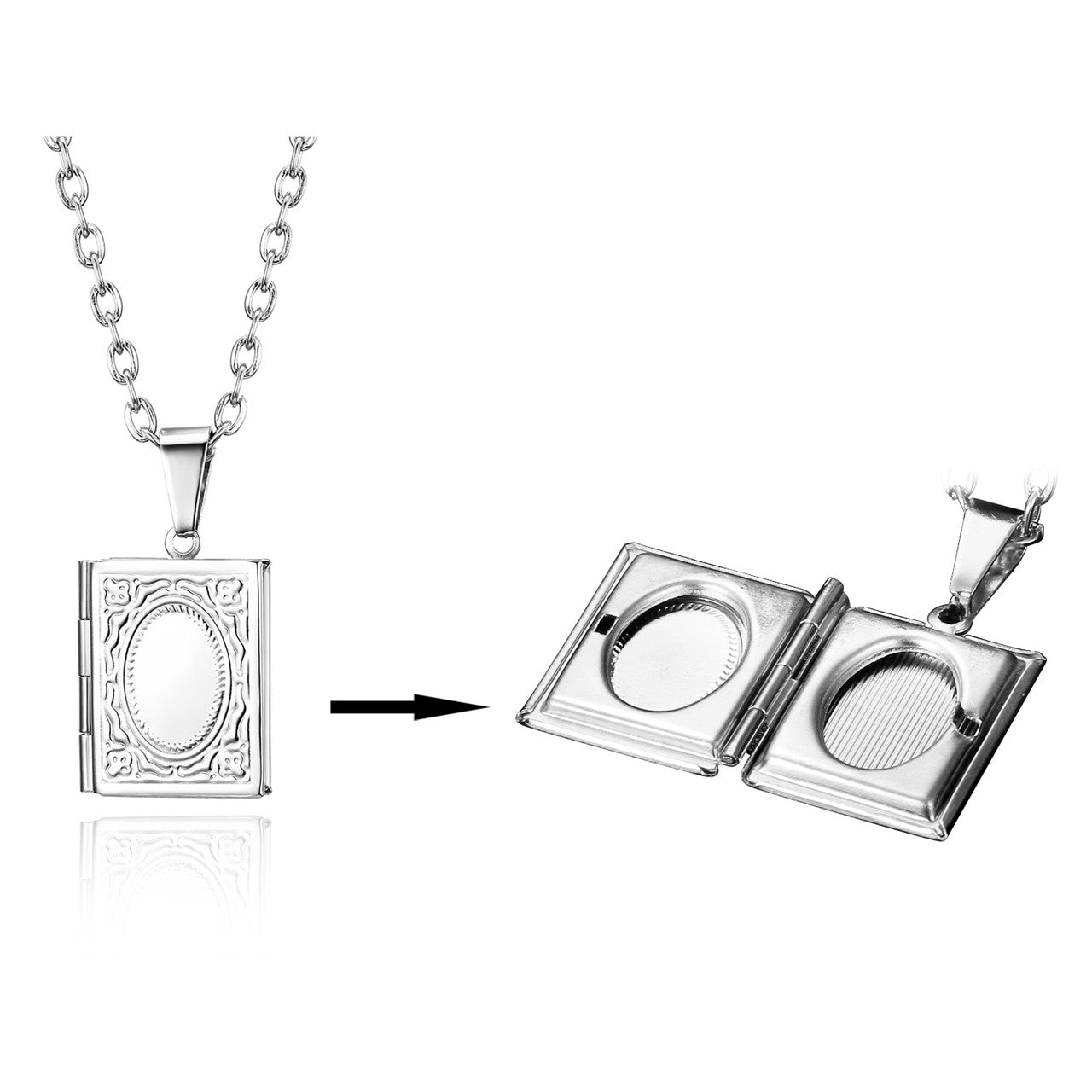 Square Open Book Frame No Fade Stainless Steel Photo Holder Casual Pendant Chain Necklace