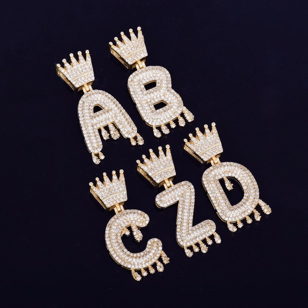 Micro Pave Custom Crown Bail Drip Initials Bubble Letters Pendant Chain Necklace