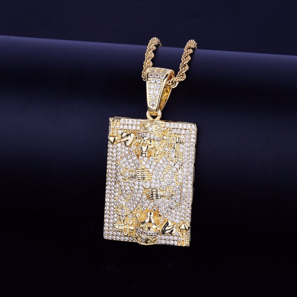 18k Gold Skul King Of Hearts Playing Cards Bling Pendant