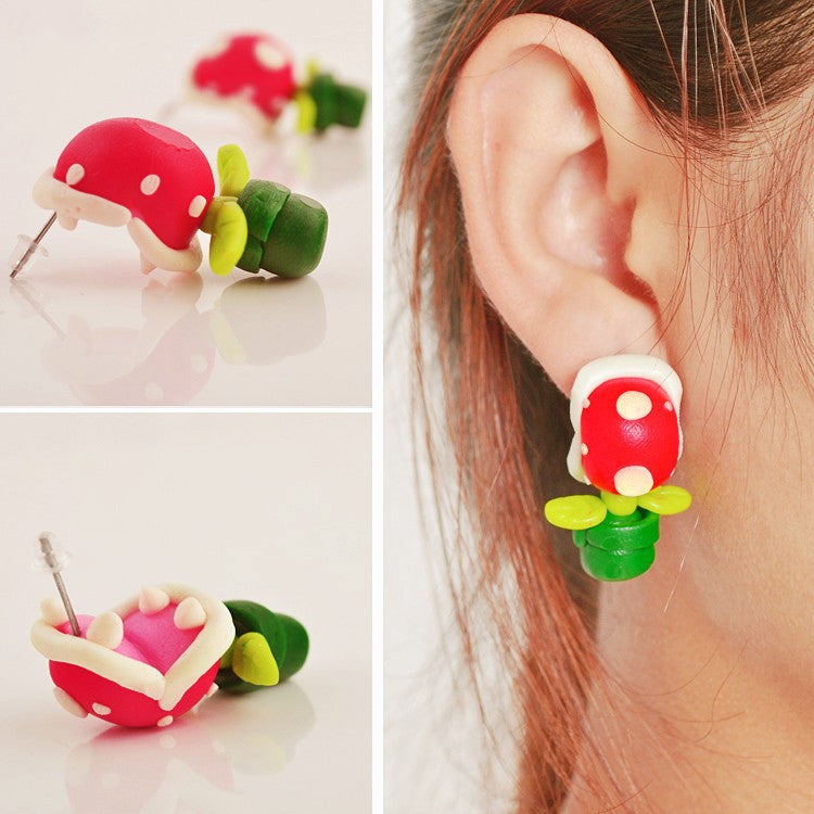 Women's Fashion Handmade Cute Kitten Cartoon Animal Mario Fox Plant Stud Earrings