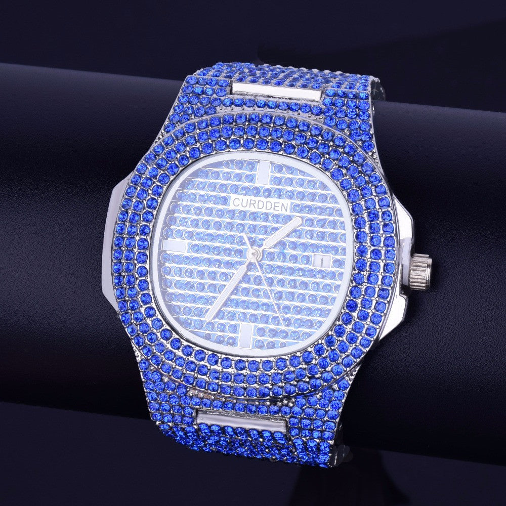 Blue Lab Diamond Iced Faced Silver Stainless Steel Luxury Bling Wristwatch