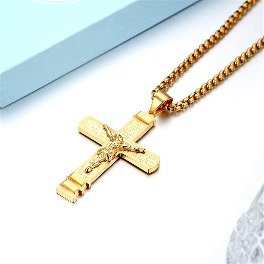 Mens Lords Prayer Layered No Fade Stainless Steel Jesus Crucifix Cross Pendant Chain