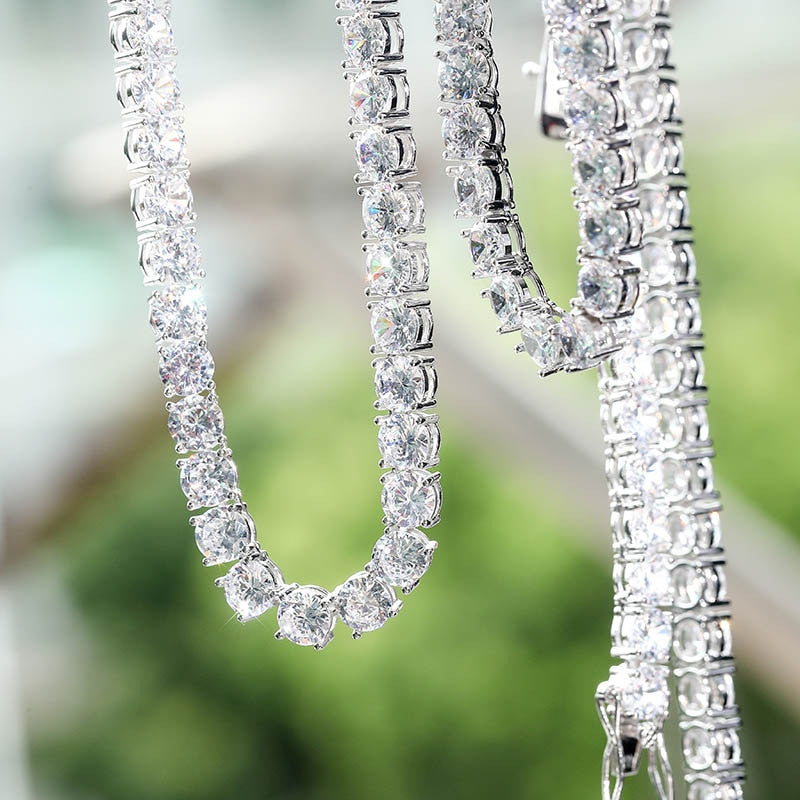 Mens Flooded Ice 925 Sterling Silver 3-6mm Bling AAA Stone Tennis Chain Necklace