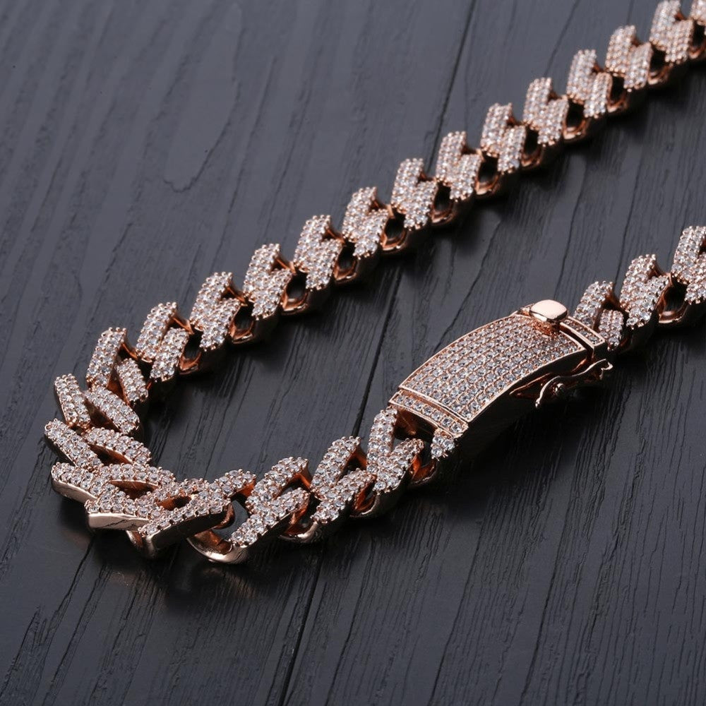 Micro Pave Flooded Ice 14mm Miami Cuban Link Rose Gold Silver Hip Hop Chain Necklace
