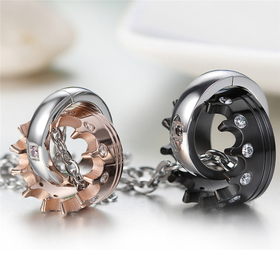 King Queen Couples Lovers Bling Stainless Steel Crown Ring Chain Necklace