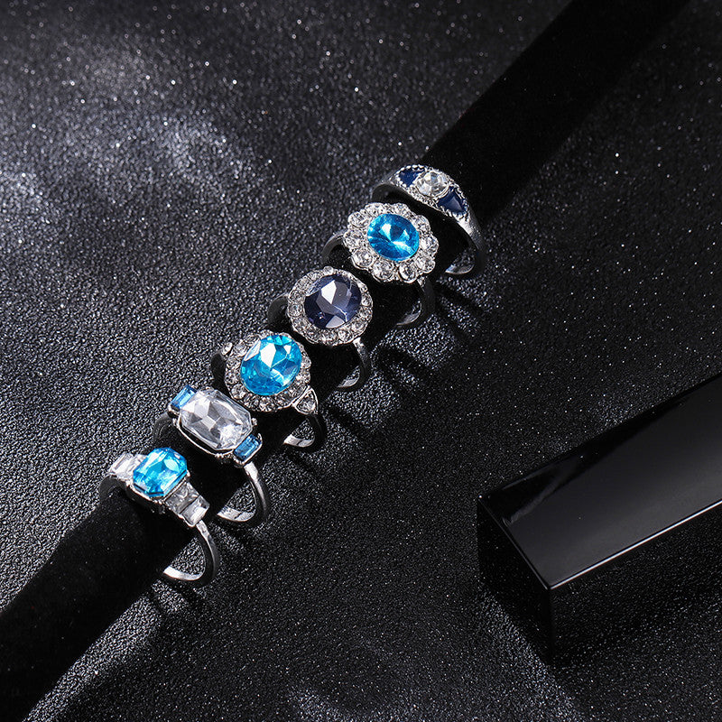 11 Piece Delicate Luxury Women Blue Crystal Water Drop Flower Ring Jewelry Set
