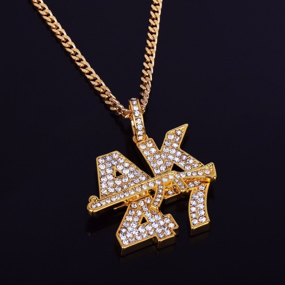 14k Gold Silver Iced Out Cuban Link Ak 47 Pendant Chain Set