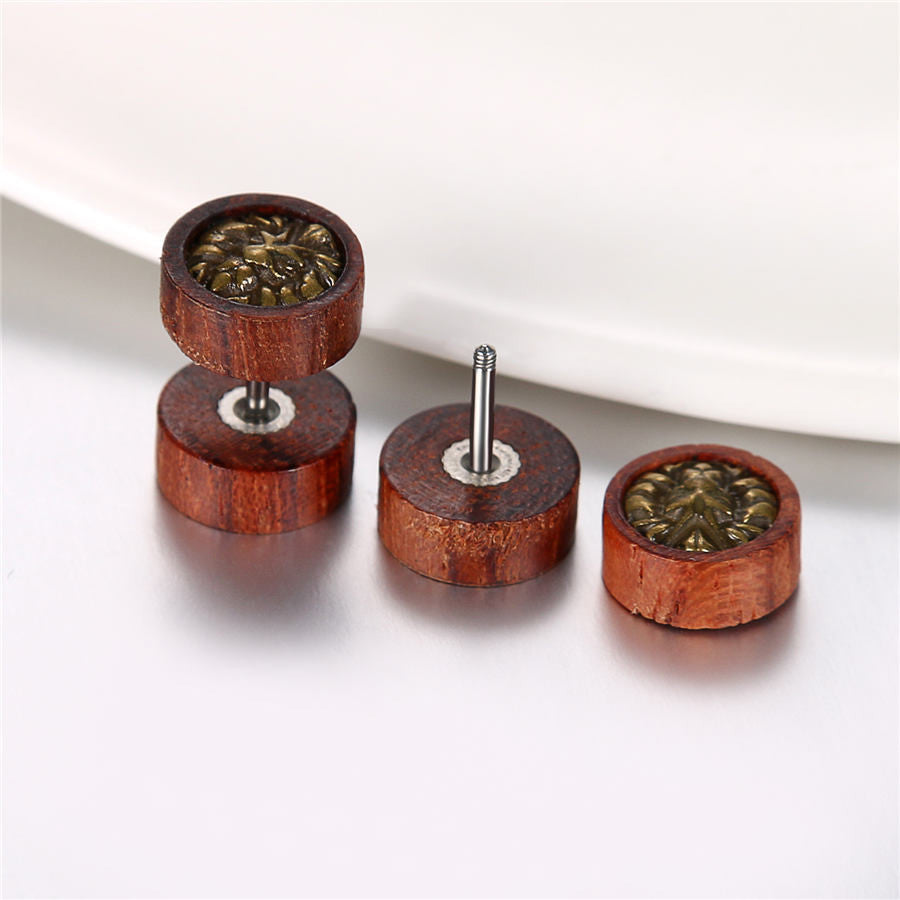 Designer Wooden Tree Of Life Lion Weed Leaf Screw Back Earrings