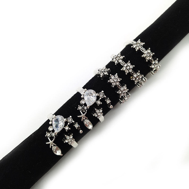 Ladies 5 Piece Fashion Bohemia Retro Crystal Moon Star Personality Girl Silver Ring Jewelry Set