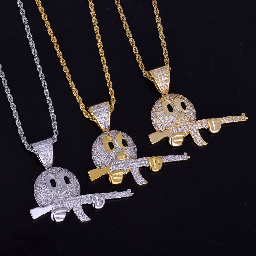 Flooded 1ce 18k Gold .925 Silver Ak47 Emoji Face AAA True Micro Pave Gun Pendant Chain Necklace