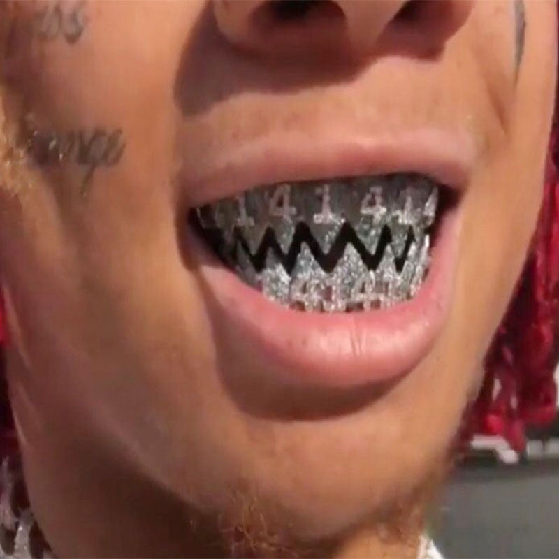 1414 Hip Hop Silver Fangs Teeth Grillz Top Bottom Mouth Grills