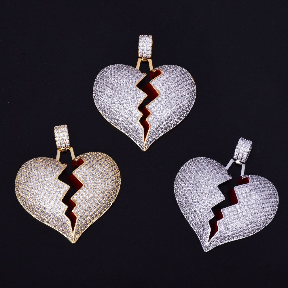 18k AAA True Micro Pave Gold .925 Silver Heart Breaker Flooded Ice Chain Pendant