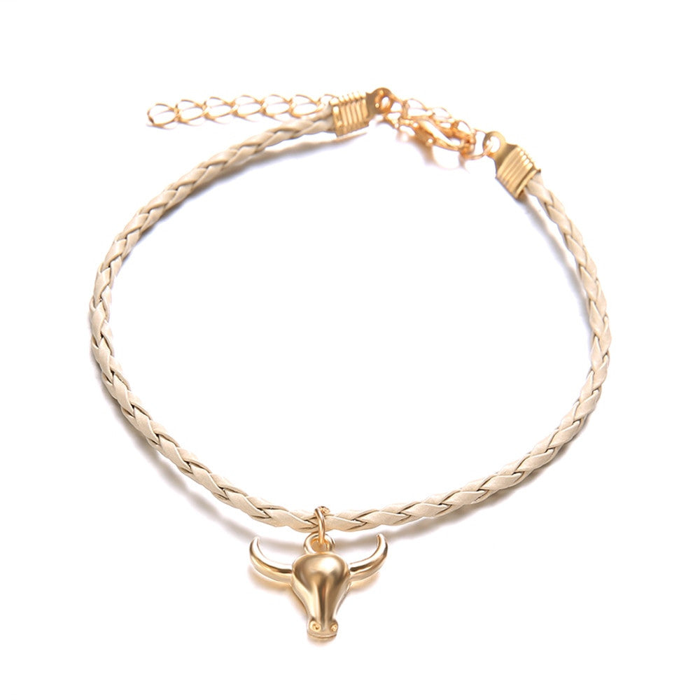 Boho Personality Girl Gold Silver Bull Skull Colorful Leather Braided Bracelet Set