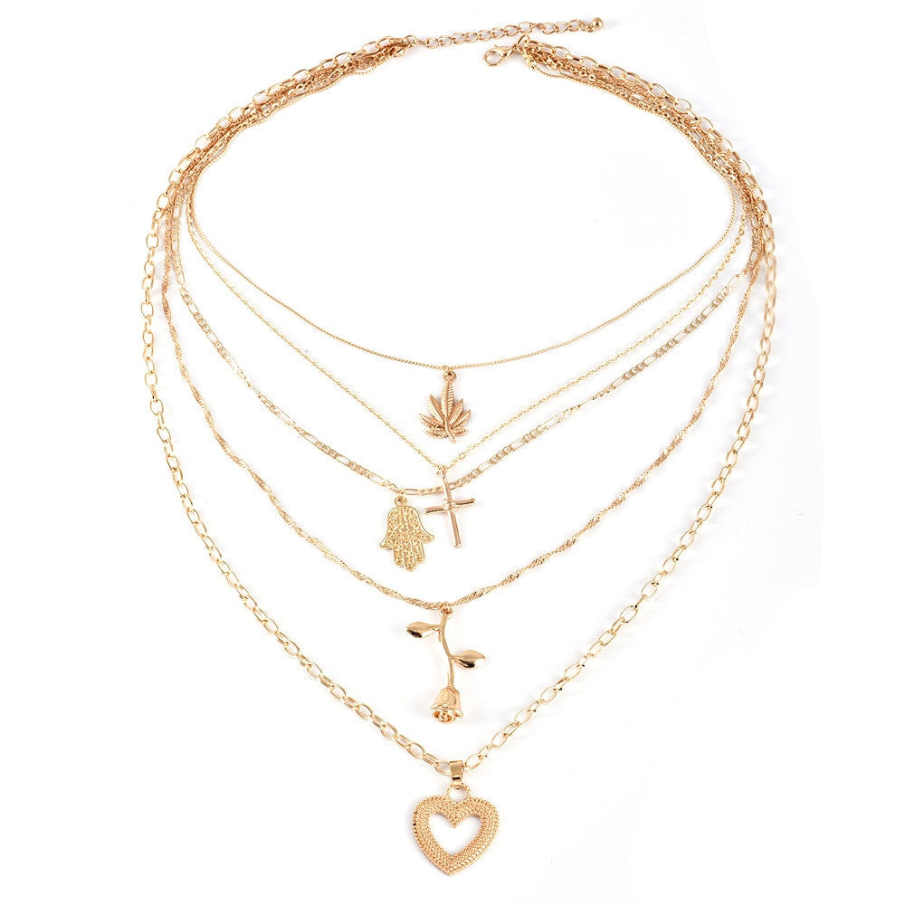Womens Weed Fashion Peach Heart Rose Multi layer Clavicle Boho Necklace Gold 5 Piece Set
