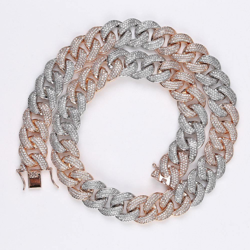 Miami Cuban Link 18MM AAA Micro Pave Hip Hop Silver Rose Gold Chain Necklace