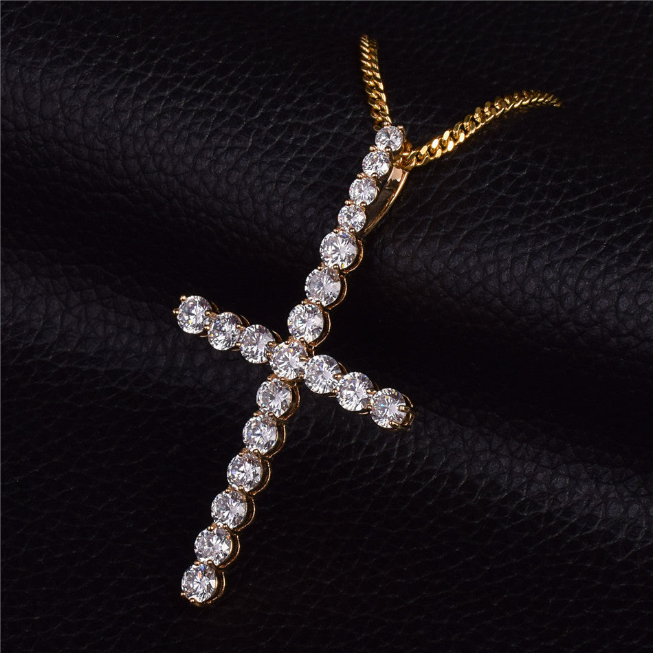 22k Gold All Ice AAA Micro Pave Handset Stone Cross Pendant