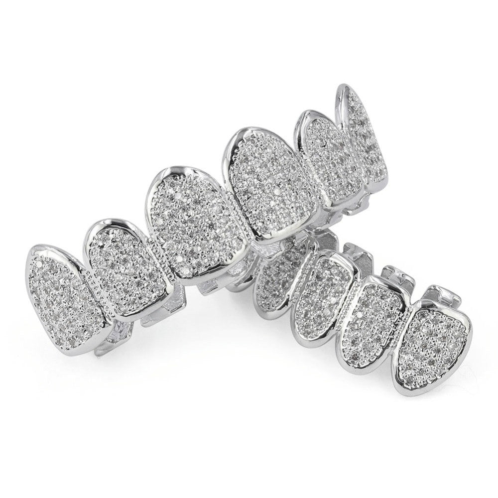 Classic 6 Tooth Teeth Micro Pave Iced Grillz Set Gold Silver Teeth Grillz Top Bottom