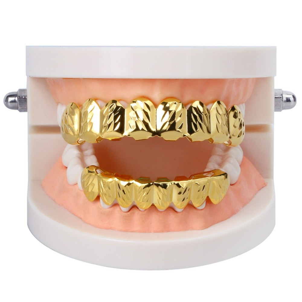 14k Gold Star Struck Diamond Cut Custom Top and Bottom Full 8 Tooth Hip Hop Grillz