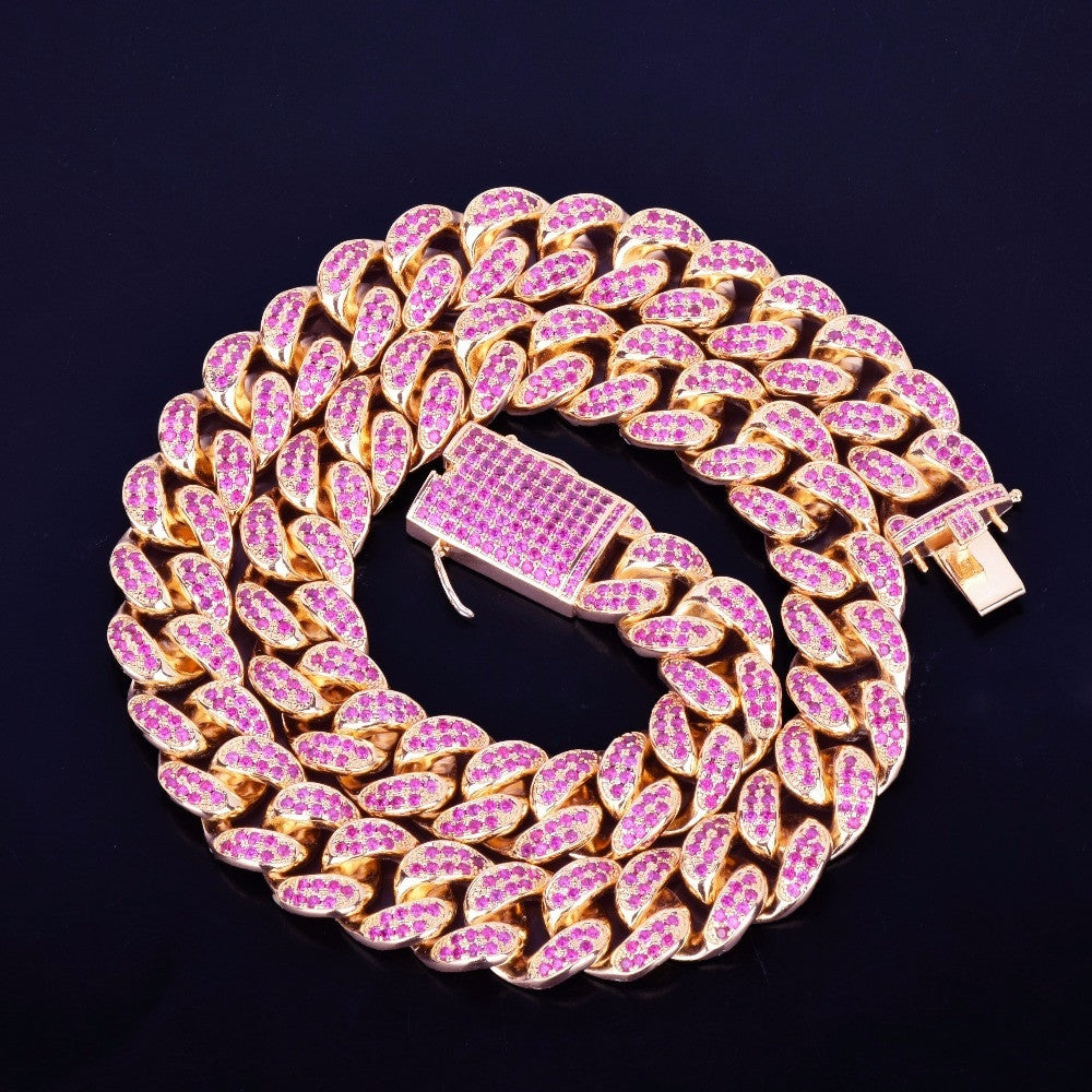 Iced Pink Lab Diamond Micro Pave Stone Miami Cuban Link Chain Necklace