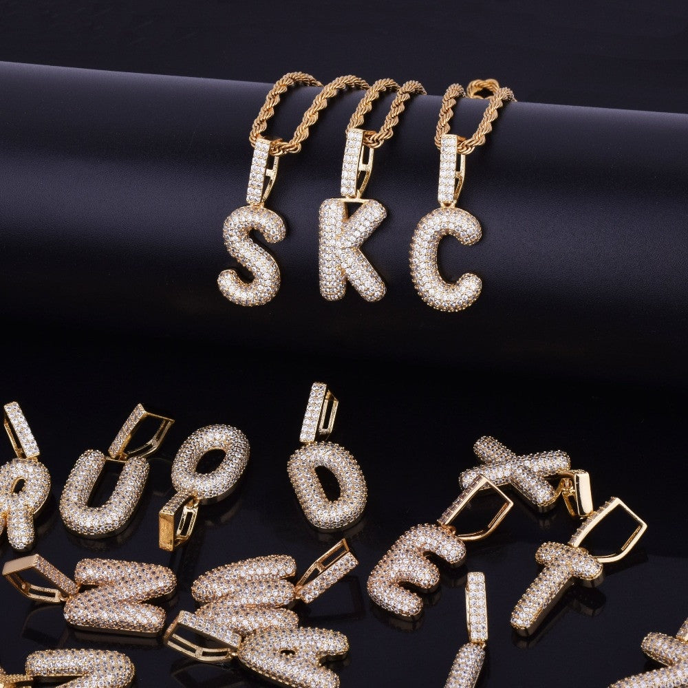 Iced Small Rose Gold Silver Micro Pave Lab Diamond Bubble Letter Hip Hop Pendant Chain Necklaces