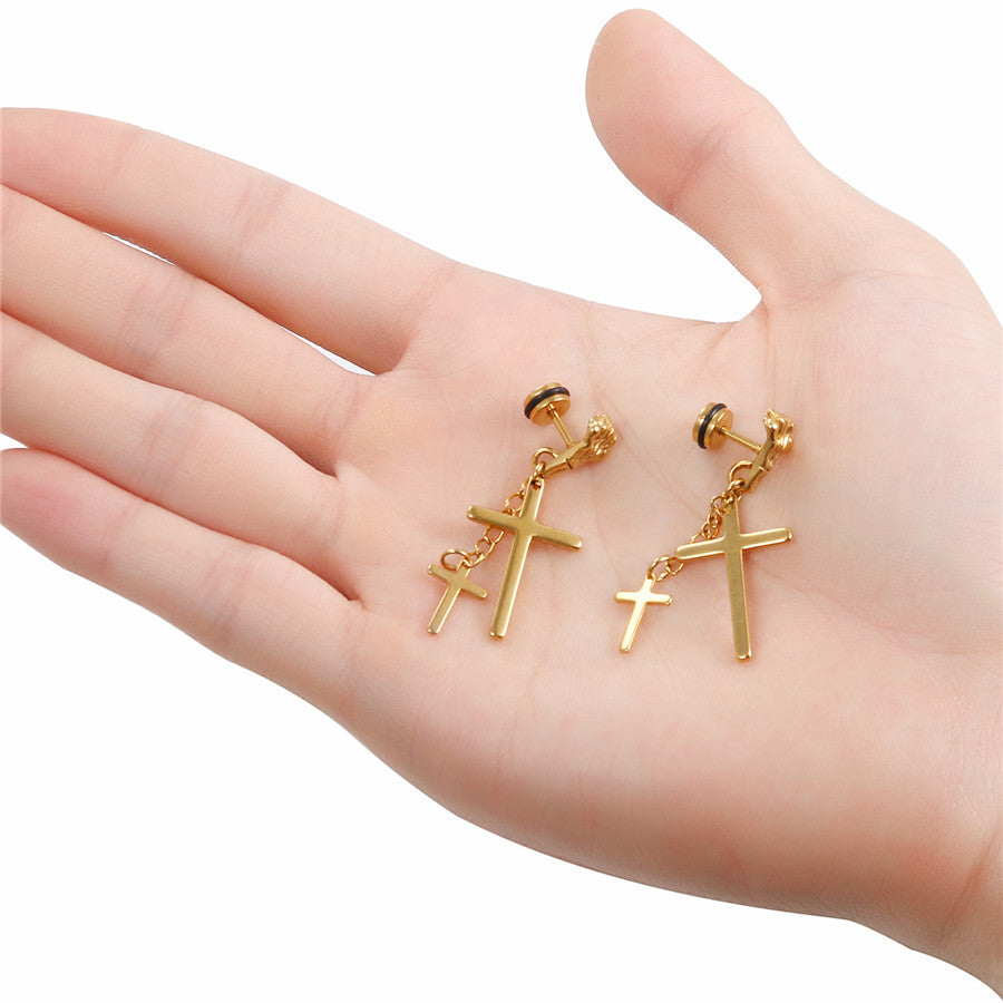 Skull Hand Stainless Steel No Fade Stainless Steel Cross Dangling Screw Back Earrings