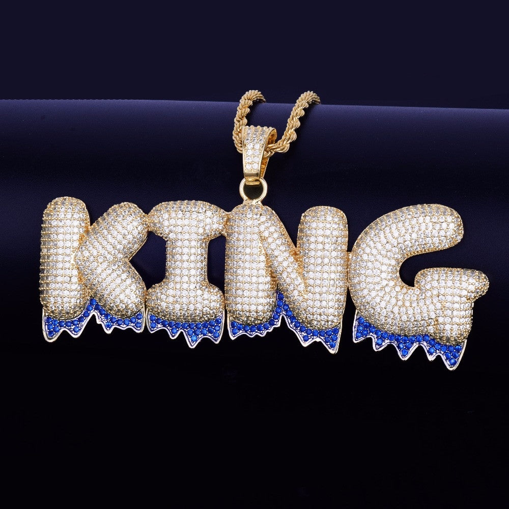 Blue Drip | Micro Pave Hip Hop Custom Name Plate Graffiti Letters Pendant