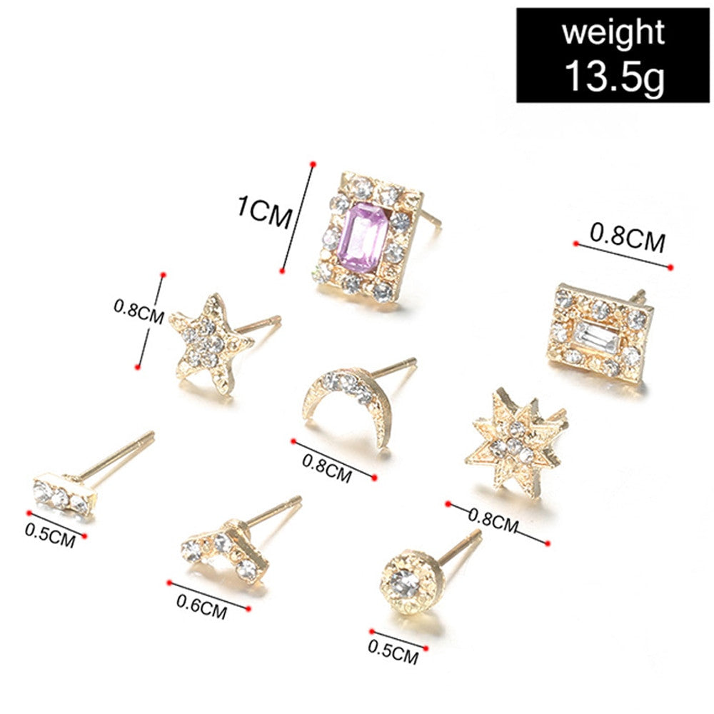 Ladies 14 Piece Fashion Gold Sun Moon Crystal Stud Earring Set