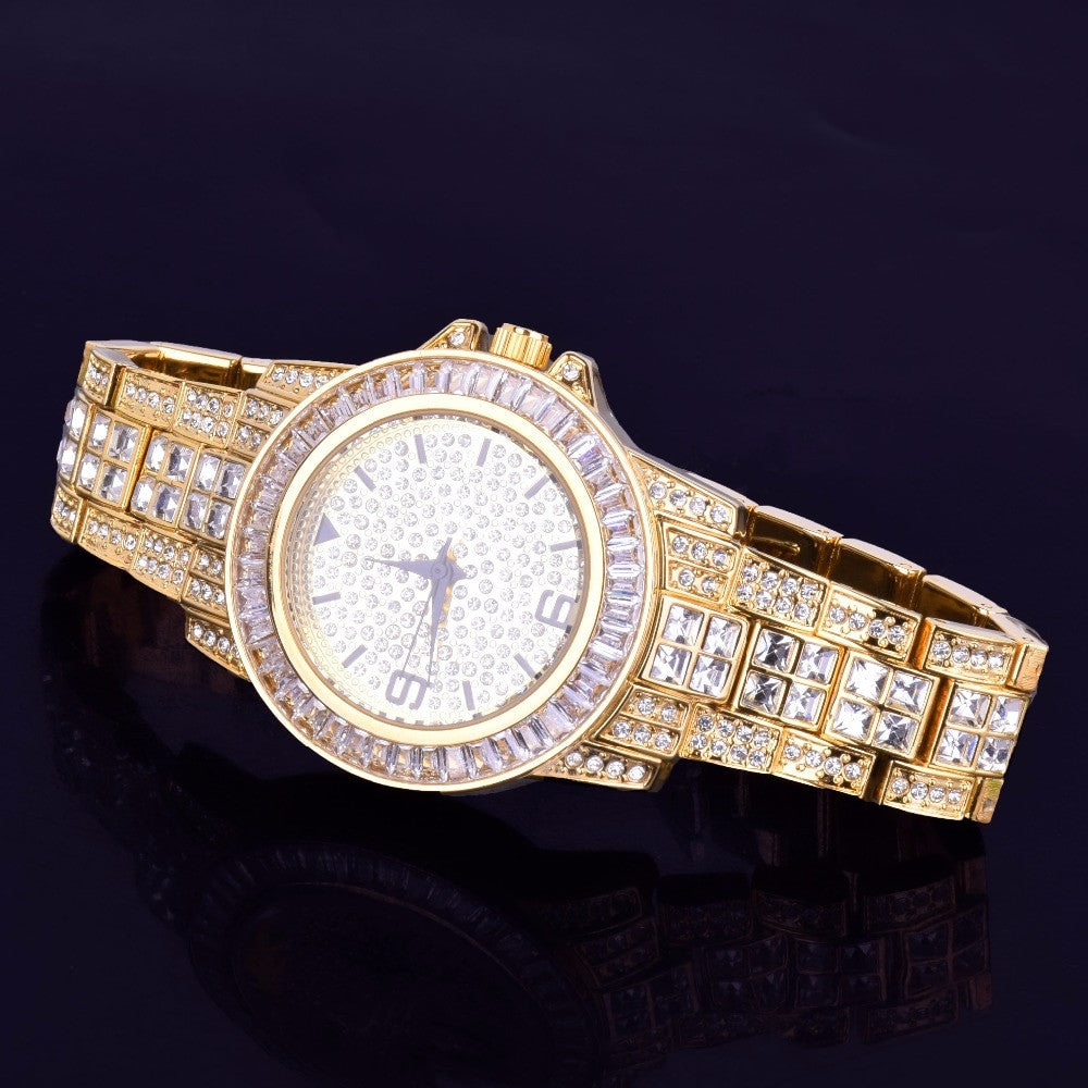 Luxury Baguette 14k Gold Stainless Steel Bling Watch Cuban Link Bracelet Set