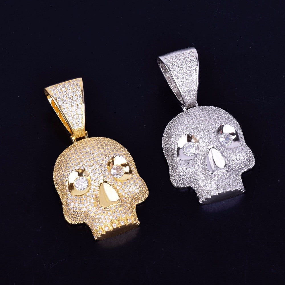 AAA Micro Pave Flooded Ice Eye Skull Head Skull 24k Gold .925 Silver Hip Hop Pendant Chain Necklace