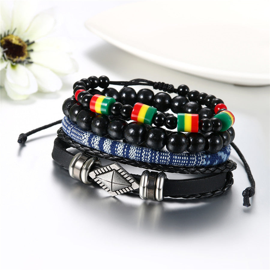 Street Wear Fashion Wooden Beaded Black Brown Leather Bracelets