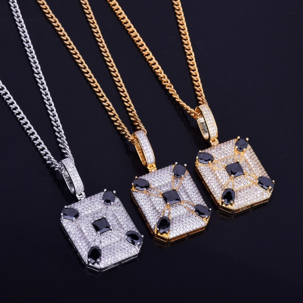 Black Solitaire Big Boy Square Center Stone Unique Designer Hip Hop Pendant Chain Necklace