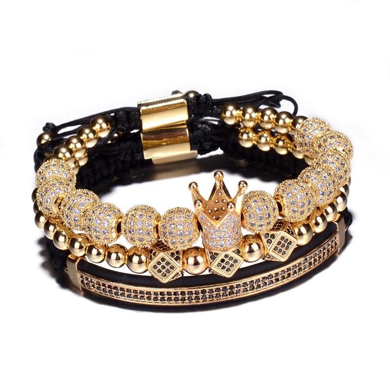 8mm AAA+ Micro Pave 3 Piece Mens Luxury Ball chain Braided Kings Crown Bracelet Set