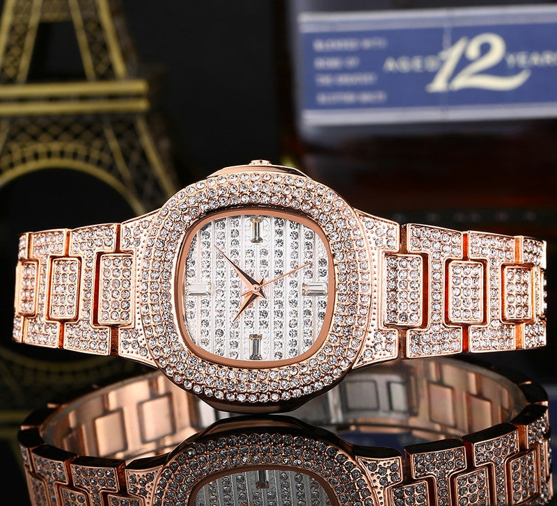 Famous Flooded Ice Diamond Simulate Stainless Steel Timepiece 18k Gold Silver Rose Gold Bling Watch