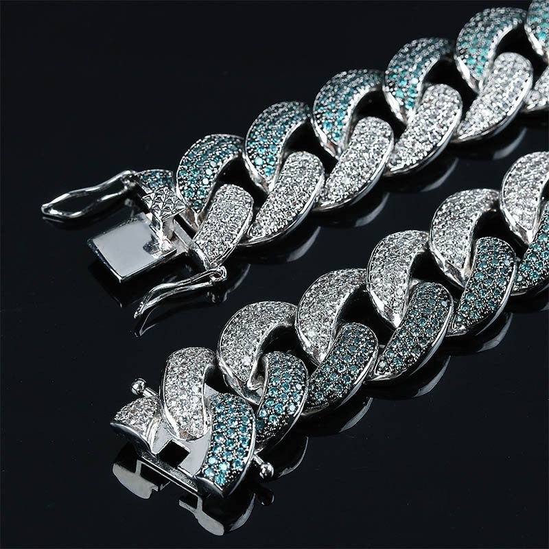 Custom 18MM Flooded Ice Mint Blue AAA Micro Pave Stone Miami Cuban Link Hip Hop Chain Bracelet Set