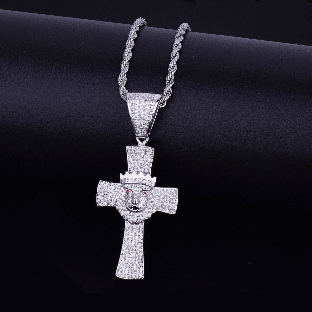 .925 Silver Lion Of Judah Micro Pave Cross Chain Necklace