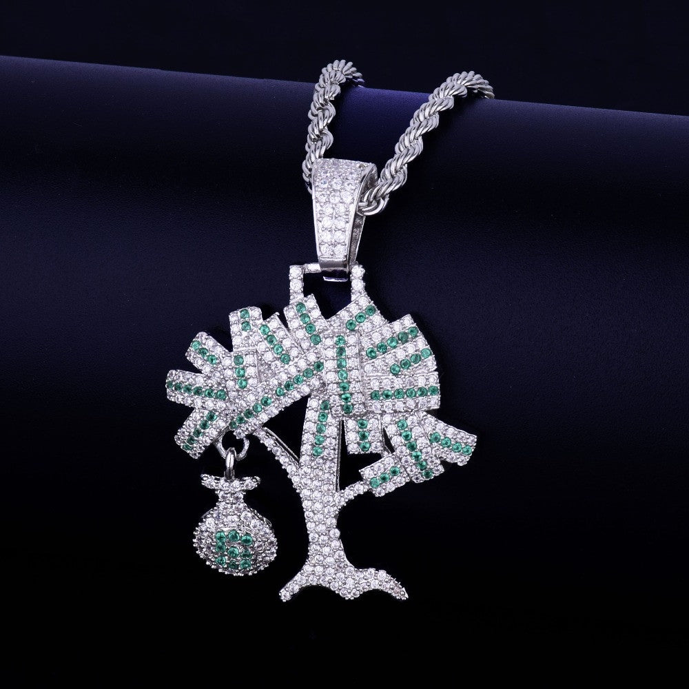 18k Gold .925 Silver Mens Iced AAA True Micro Pave Money Tree Hip Hop Chain Pendant