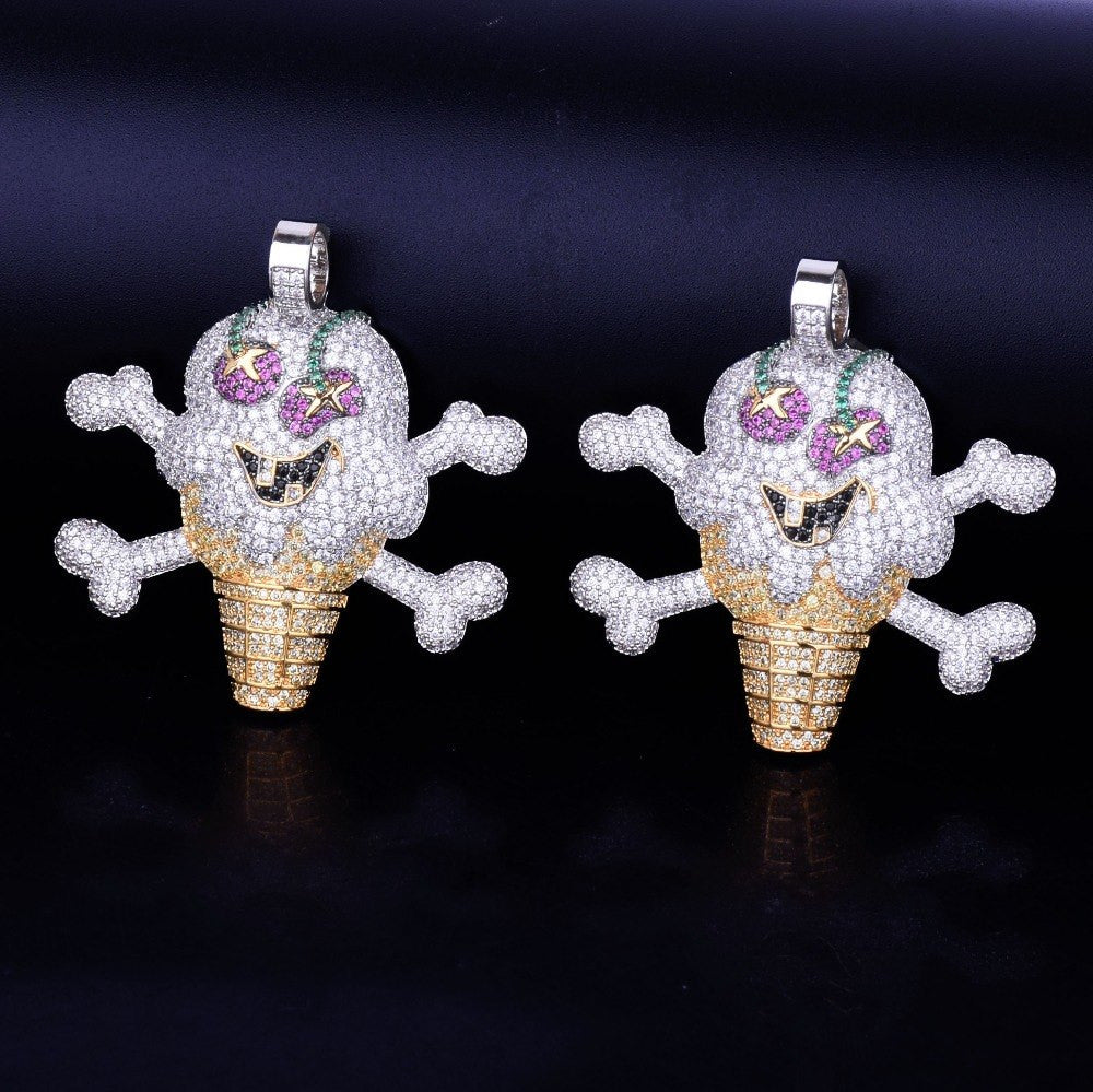 Micro Pave AAA Micro Pave 18k Gold Silver Pirate Skeleton Skull Ice Cream Pendant Chain Necklace