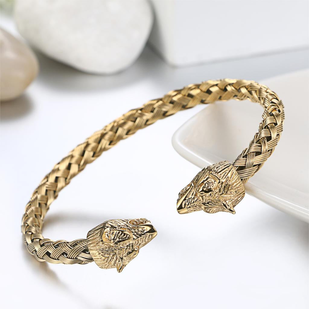 Mens Double Head No Fade Stainless Steel Wolf Bangle Street Wear Bracelets