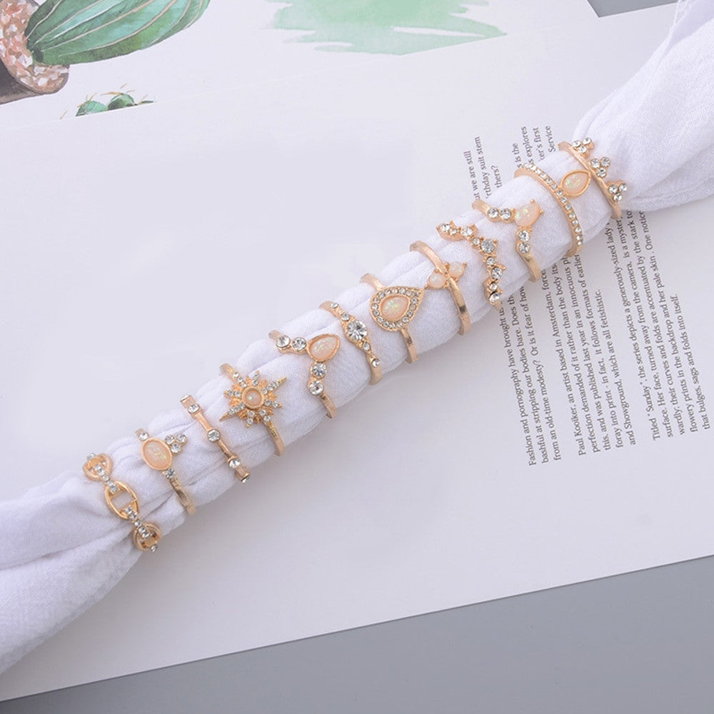 Ladies 12Pcs Bohemian Crystal Queen Water Drop Gold Crystal Ring Set