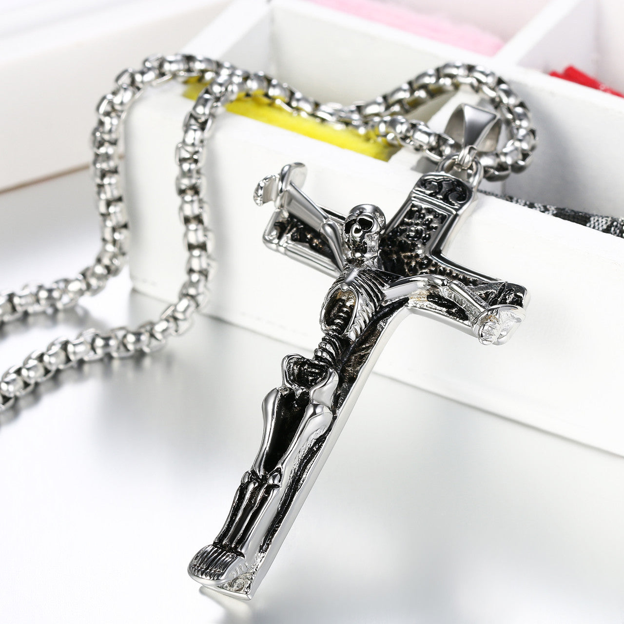 Mens Vintage Silver 14k Gold Over Stainless Steel Hip Hop Skull Cross Pendant Chain Necklace