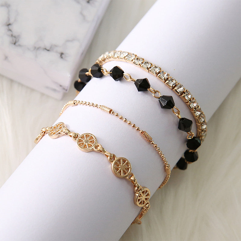 Ladies 4Piece Multi Layer Compass Beads Rhinestone Gold Bracelet Set