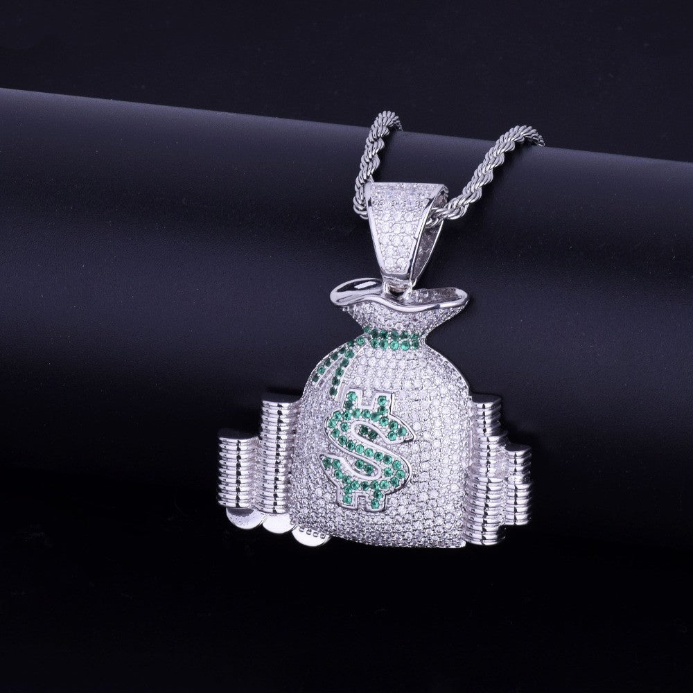 18k Gold Silver Money Bag Stack Cash Coins AAA True Micro Pave Hip Hop Chain Pendant