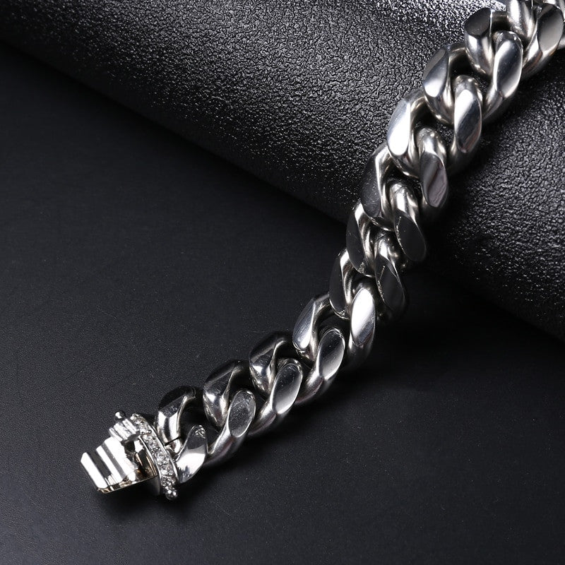 14mm Hip Hop Men's Iced Clasp Stainless Steel Miami Cuban Link Bracelet