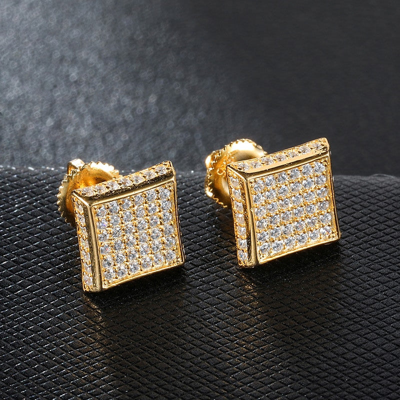 14k Gold 925 Silver Hip Hop Full AAA Micro Paved Squared Corner Bling Earrings