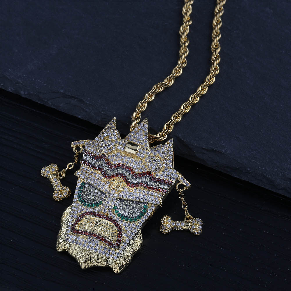 Flooded Ice AAA Micro Pave UKA UKA 18k Gold Mask Solid Pendant Chain Necklace