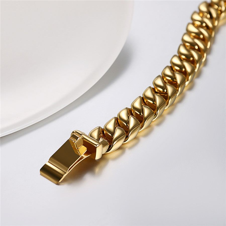 Mens Thick 12mm Black 14k Gold No Fade Stainless Steel Cuban Link Bracelets