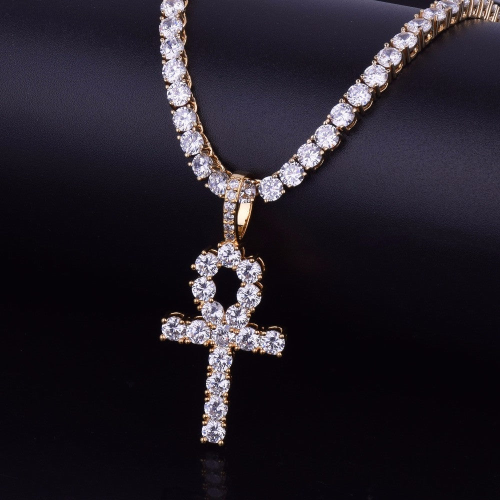 22k Gold .925 Silver Ankh Cross AAA Handset Micro Pave Tennis Chain Pendant